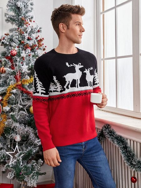 

men colorblock & deer pattern sweater s44d#, White;black
