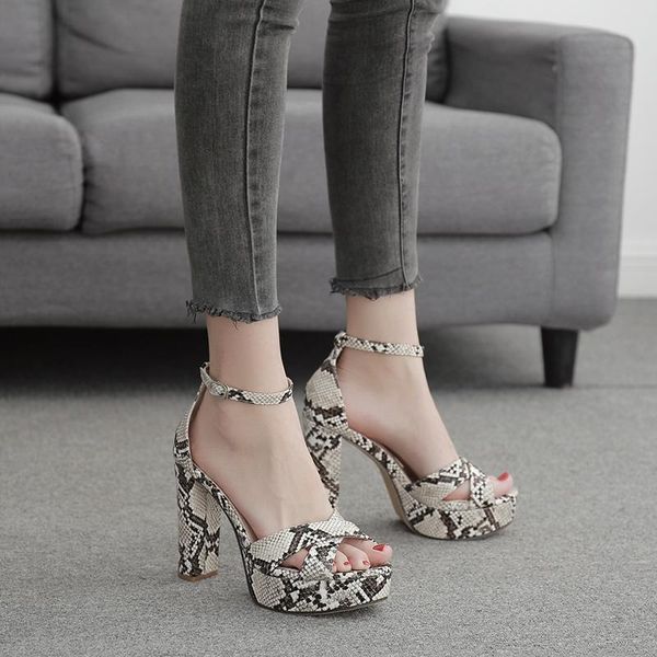 

sandals summer women's snake pattern peep toe buckle high heels platform casual shoes for women plus size 35-42, Black