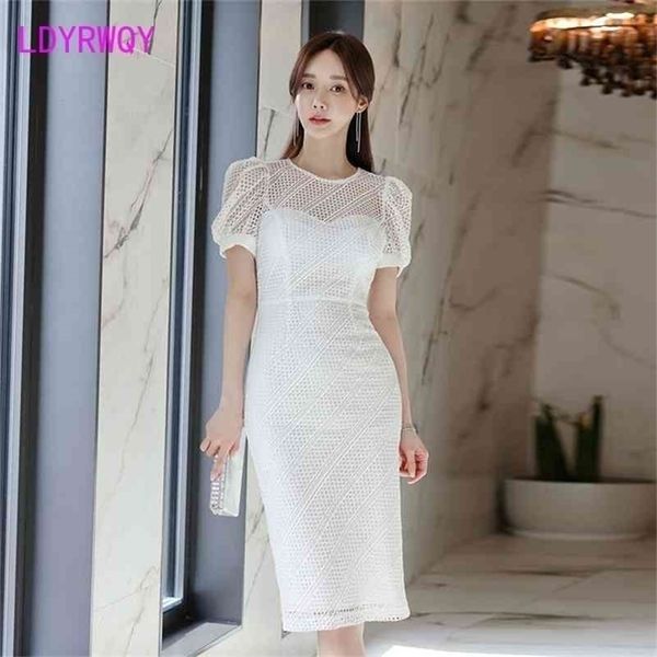 

ldyrwqy summer korean temperament round neck hollow lace bubble sleeve slim fashion dress 210416, Black;gray