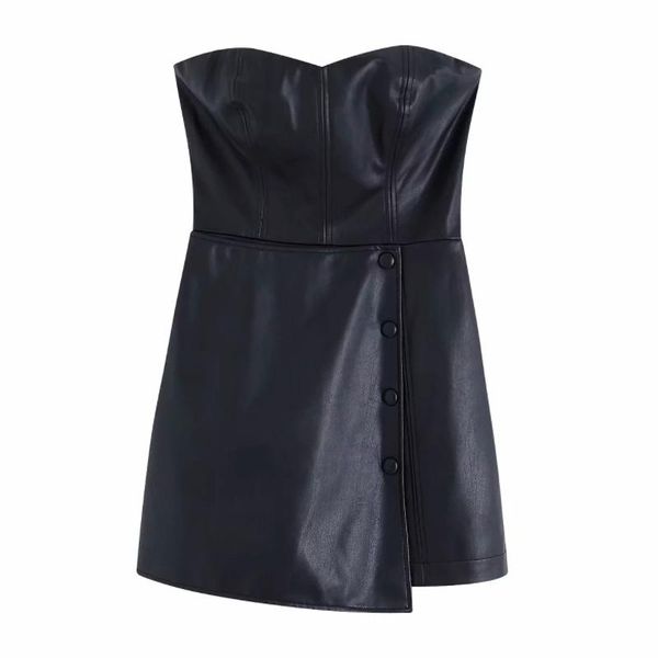 

women's jumpsuits & rompers 2021 women strapless pu leather ladies back zipper conjoined shorts chic casual slim club party siamese ds3, Black;white