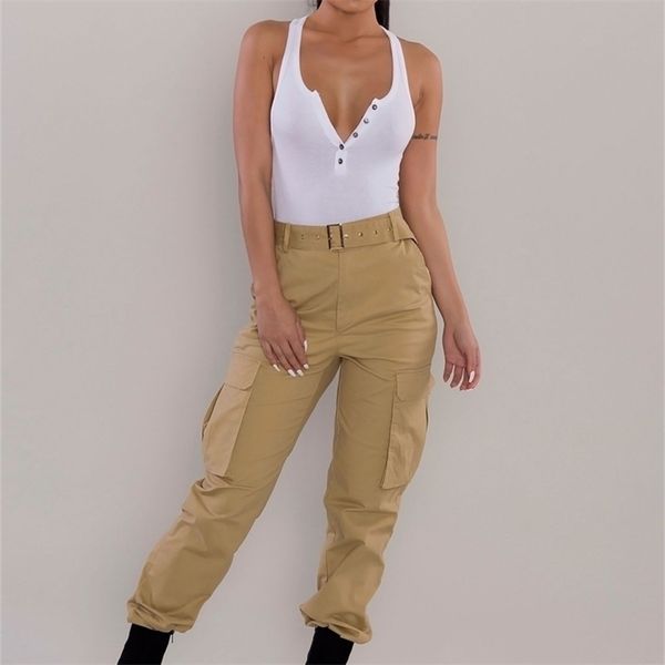 Spodnie Z Wysokim Stanem Streetwear Khaki Pantaloni cargo Donna Gamba laterale Grande tasca senza telai Nero Casual Large Size 210604