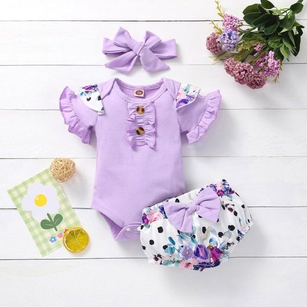 

clothing sets infant baby girls summer romper set clothes ruffles solid color bodysuit +floral shorts + bow headband 3pcs outfits niÃ±a, White