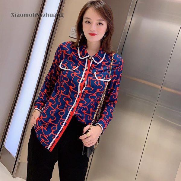 

women's blouses & shirts xiaomoli temperament baby collar retro printed silk shirt long sleeve fashion in spring and summer 2021, White