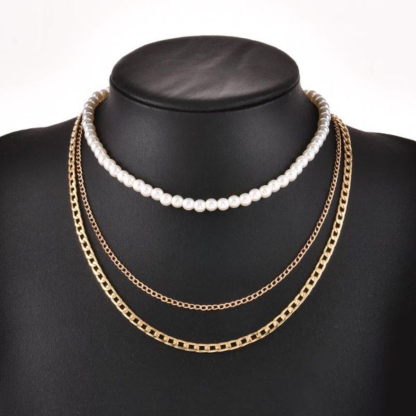 chokers fashion jewelry exaggerated punk style thick metal chain necklace pearl multilayer choker woman, Golden;silver