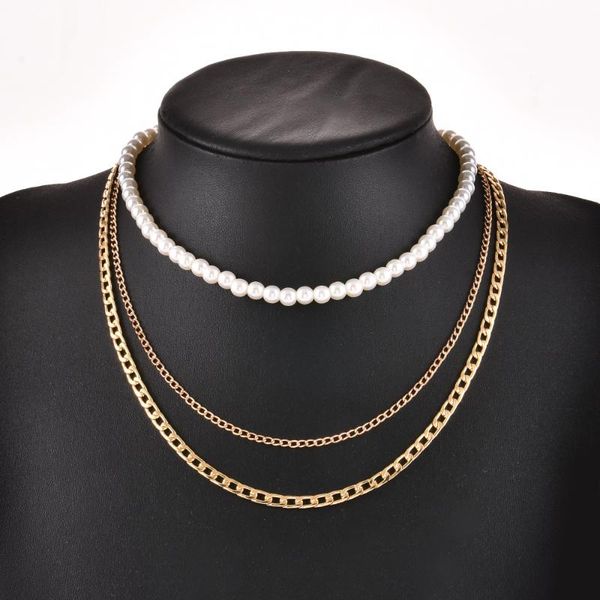 

chokers fashion jewelry exaggerated punk style thick metal chain necklace pearl multilayer choker woman, Golden;silver