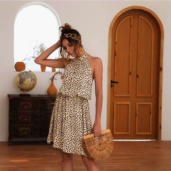 

summer women dress off shoulder hanging neck sleeveless elastic waist elegant halter print mini dress vestidos, Black;gray