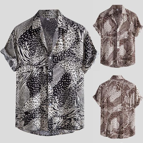 

men's casual shirts zebra men short sleeve mens aloha shirt beach hawaiian leopard print camisas summer brand patchwork splice camisa, White;black