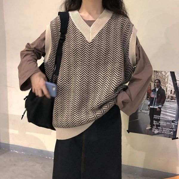 

women's vests vest women knitted art vintage v-neck jacket for hip hop korean style oversized clothes 2021 spring autumn sleeveless fem, Black;white