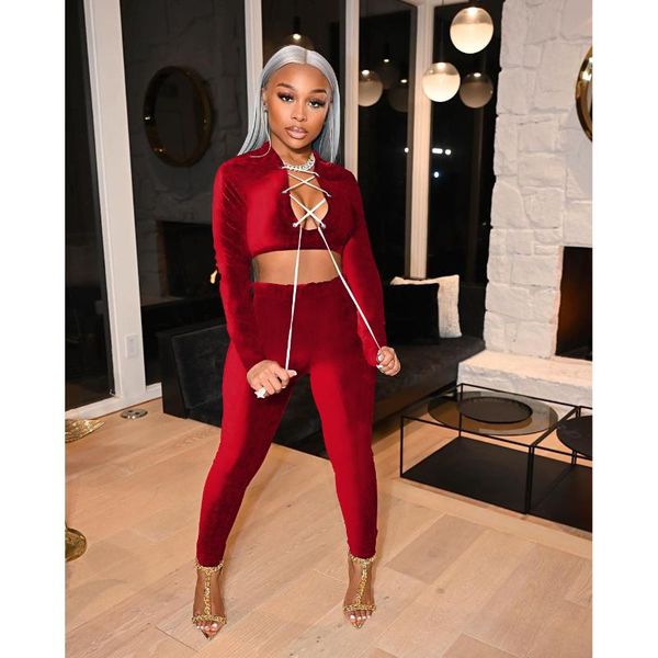 

women's two piece pants w8265 winter solid color slim fit v-neck lace up set, White