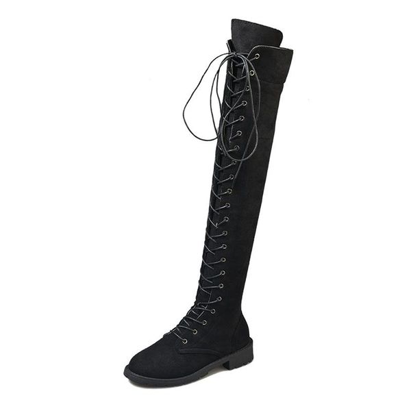 

boots ladies winter style thick heel over the knee cross lace-up boots, women's casual round toe, Black