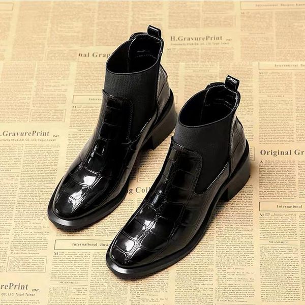 

boots style black patent leather short ankle pointed toe mid heels stretch fabric women casual shoes