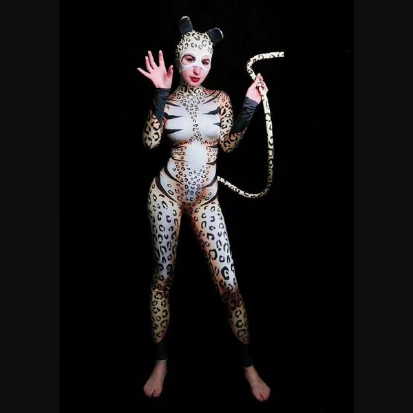 

women's jumpsuits & rompers halloween party leopard role cosplay catsuit with tail women nightclub costumes showgirl jumpsuit dancer le, Black;white