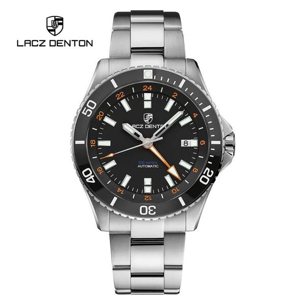 

wristwatches lacz denton 40mm gmt automatic watch for men mechanical waterproof sapphire glass stainless steel business relogio, Slivery;brown