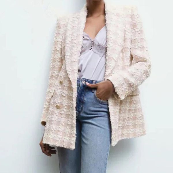 

women's suits & blazers women fashion double breasted tweed check coat vintage long sleeve female temperament ol outerwear, White;black