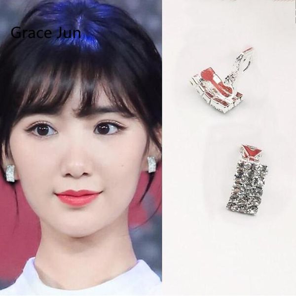

clip-on & screw back arrival full rhinestone geometric clip on earrings without piercing for girl cute fashion small no hole, Silver