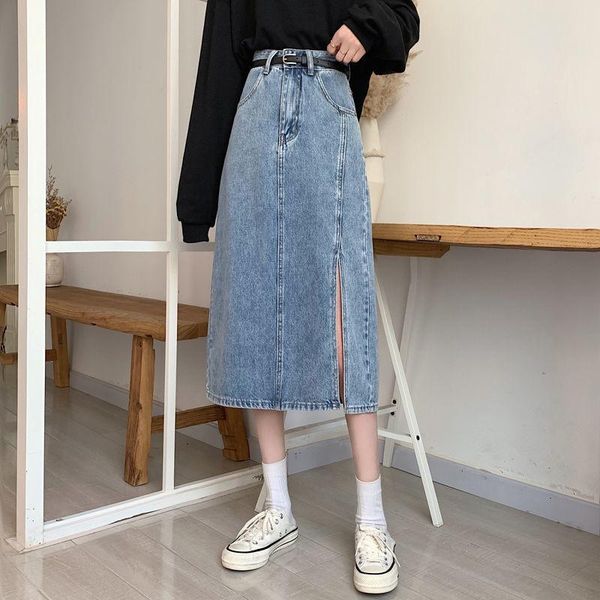 

skirts 2021 spring women solid denim skirt high waist side split a-line korean chic fashion streetwear mid long z107, Black