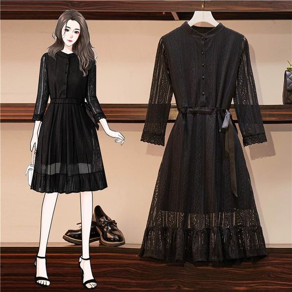 

casual dresses black lace midi plus large size oversize korean fashion kawaii women's elegant autumn 2021 clothing sukienka female, Black;gray