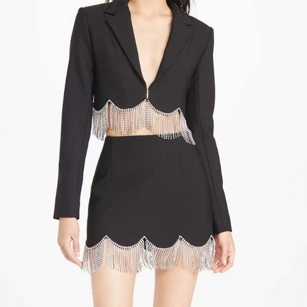 

two piece dress set women crop blazer diamonds fringle+high waist skirt tassels 08fe, White