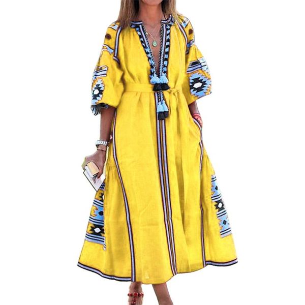 

casual dresses women vintage style v neck 3/4 puff sleeve floral print tassel large loose hem maxi party dress, Black;gray