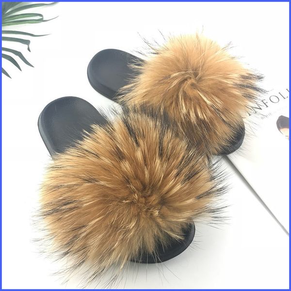 

women fur slides summer shoes home woman luxury furry slippers indoor female sandals fluffy cute raccoon new plus size, Black