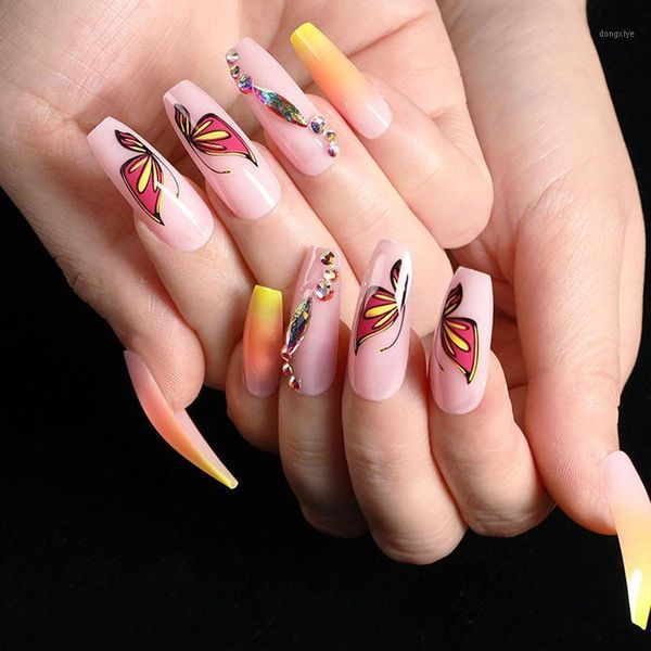 

24pcs/set pretty butterfly decals false nails long pink gradient wedding bride full ballerina nail accessories tips with glue1, Red;gold