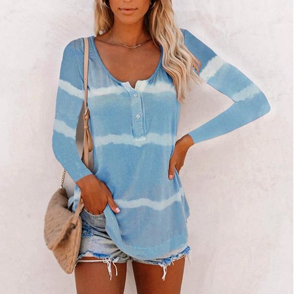 

women's fashion tie dye print button long sleeve t-shirt top, White
