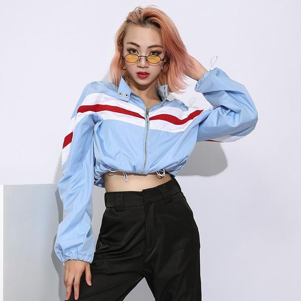

women's thin loose stand collar stripe print long sleeve zipper coat jacket harajuku chic punk adjustable waist cropped jackets, Black;brown