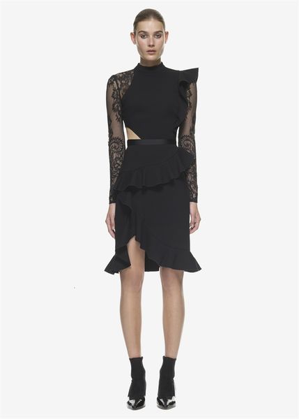

mermaid fashion summer runway ruffles irregular lace patched women vintage long sleeve package hip black bodycon club, Black;gray