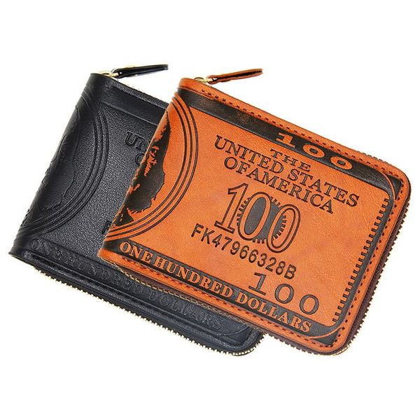 

european and american style men's wallet short zipper printed dollar pattern bi-fold horizontal fashion wallets, Red;black