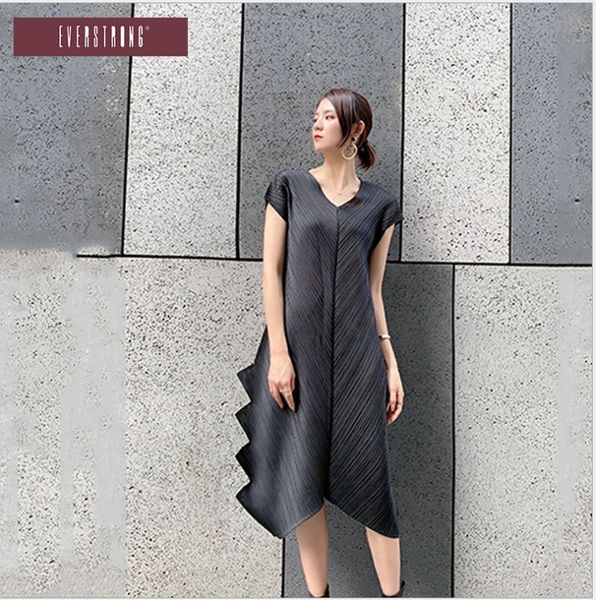 

dress miyake fold style v-neck ruffle irregular, Black;gray