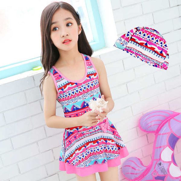 

girls cute classical swim suits with cap children swimwear kids bathing swimsuits skirt beach wear tankini