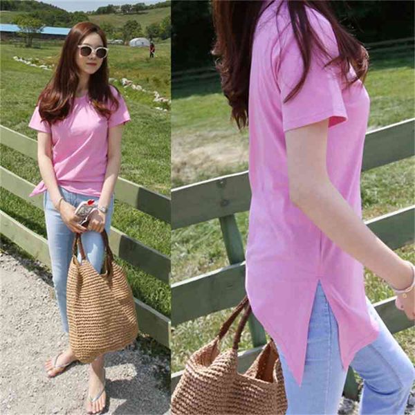 

irregular knot cotton split leakage shoulder short sleeves womens casual tees summer t shirt ladies t-shirt 210420, White