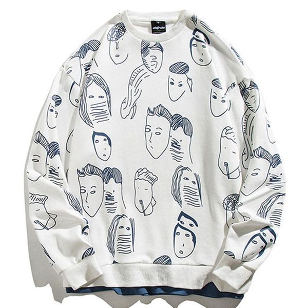 

men's hoodies & sweatshirts men fake two crew neck males sweater creative full printing pure cotton japan harajuku loose pullover botto, Black