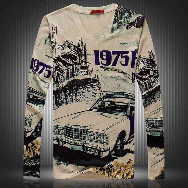 

wind autumn men's new v-neck long sleeve t-shirt personality funny car digital print bottom coat, White;black