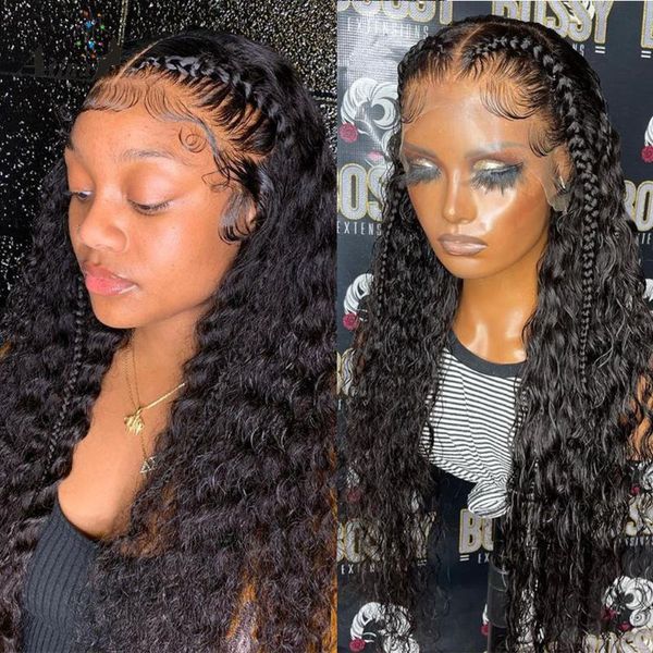 

lace wigs water wave hd transparent 13x6 frontal human hair 28 30 curly bleached knots inch deep wig with baby full, Black;brown
