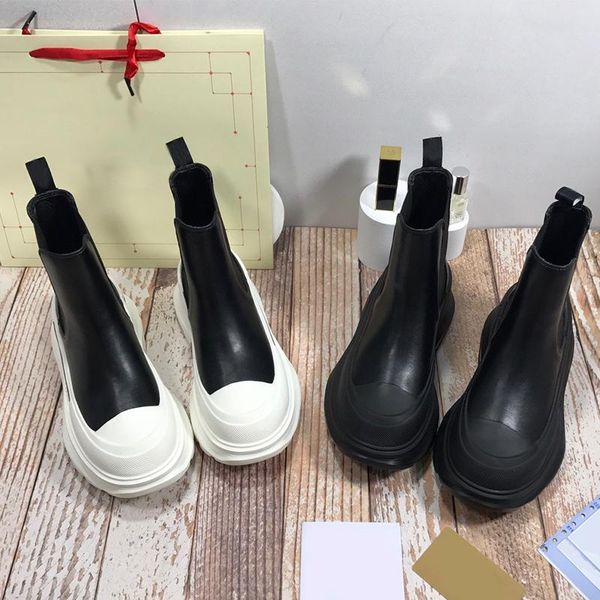 

boots 2021 ankle for women thick bottom round toe genuine leather black white all-match botas feminina platform shoes
