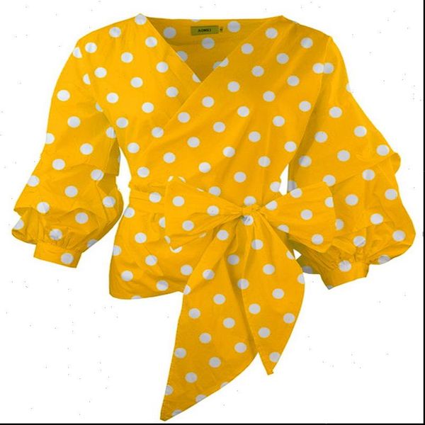 

yellow blouses with sashes front womens bow tie white print polka dot puff sleeve for women plus