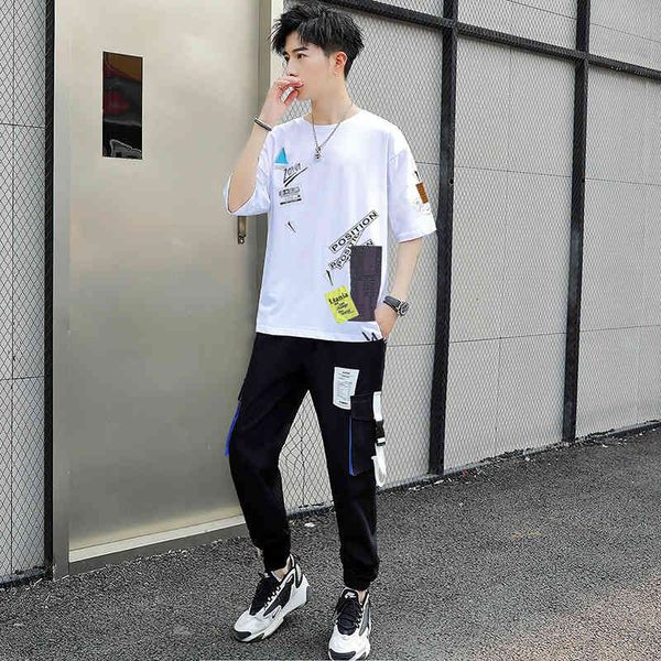 

fashion men's tracksuits summer sports suit thin brand pants short sleeve two piece net red trend versatile wear, Gray