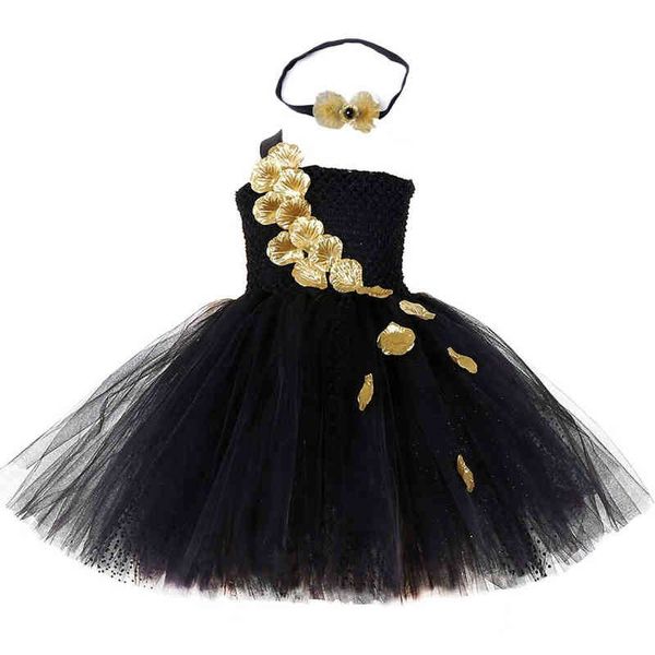 Schwarz Gold Blütenblätter Tutu Kleid Tüll Mädchen Abend Festzug Hochzeitskleid Kinder Kleid für Mädchen Kinder Geburtstag Party Kleid G1218