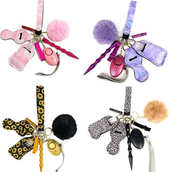 

design defense keychain set alarm pompom hand sanitizer wrist strap lipstick keychains bottle opener for woman self-defense keyring