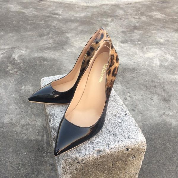 

dress shoes veowalk fashion women leopard patent leather pumps pointed toe 8-12cm stiletto ultra high heel ladies party size34-43, Black