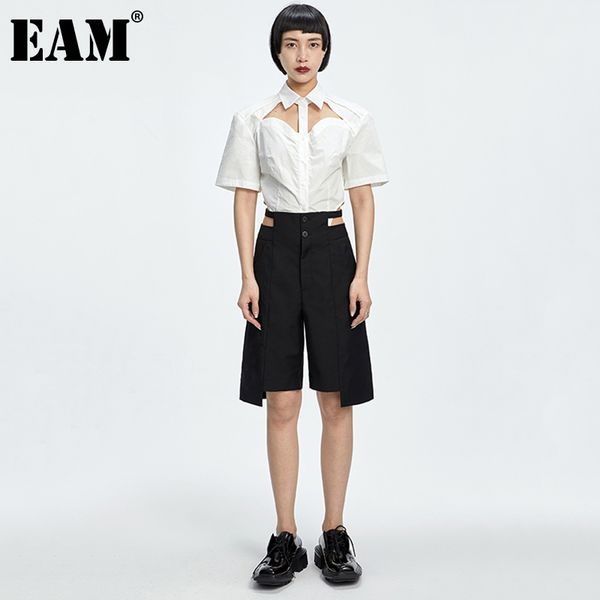 

[eam] high waist black hollow out irregular knee length trousers loose fit pants women fashion spring summer 1dd8351 21512, Black;white