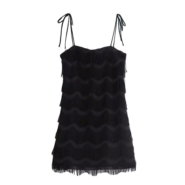 

women cascading tassels chiffon dresses fashion ladies sweet black strap dress elegant female chic mini vestidos 210527, Black;gray