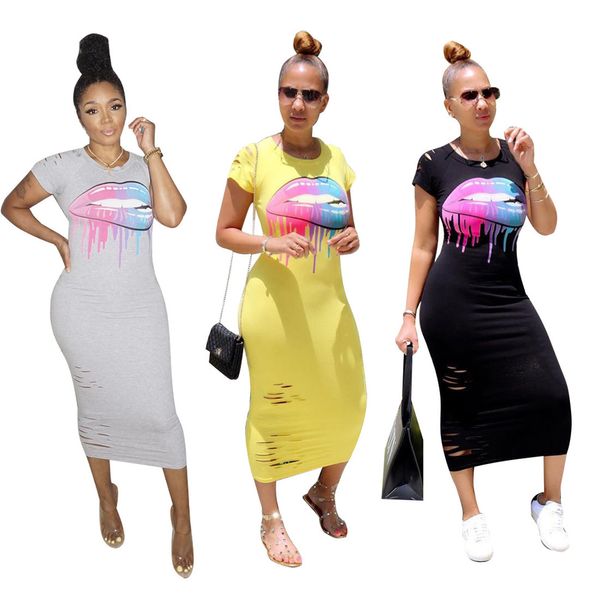 Mode Sommer Casual Lippenlippenmund Print Damen Maxi Langes Kleid Frauen drei Farben Hole Street Kleidung YS3111