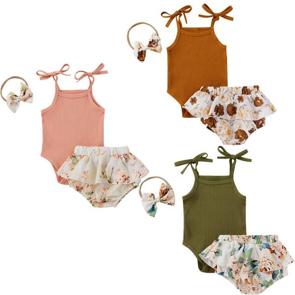 

style lovely infant baby girls clothes sets 3pcs sling strapless sleeveless romper ruffles tutu floral shorts 0-18m clothing, White