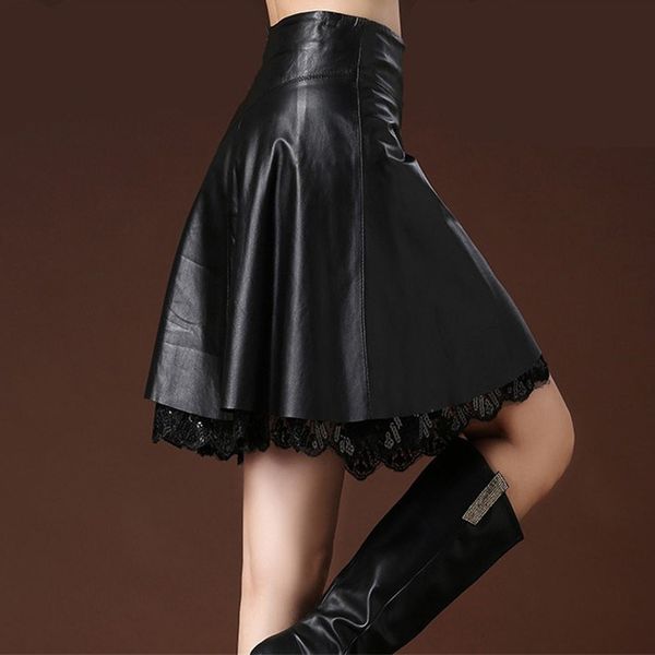 

women leather skirt lace vintage pu mini skirt black high waist casual fashion basic skirt femme streetwear p122 size xl