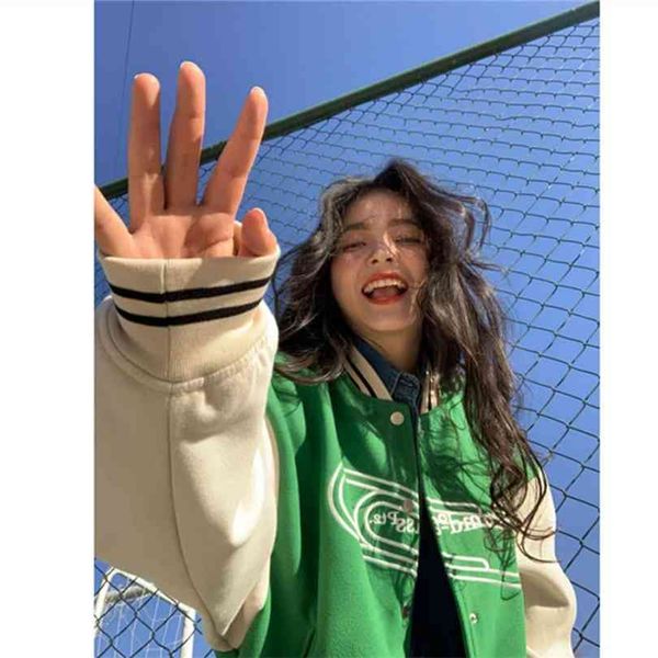

women's letter embroidery baseball jacket color block vintage harajuku spring oversized v-neck coats streetwear ins 210818, Black;brown