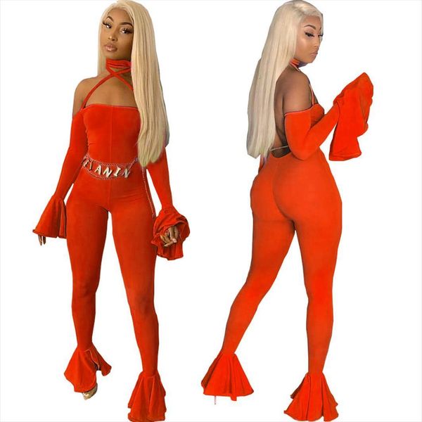 

halter bandage bodycon womens jumpsuits flare sleeve long outfit solid color, Black;white