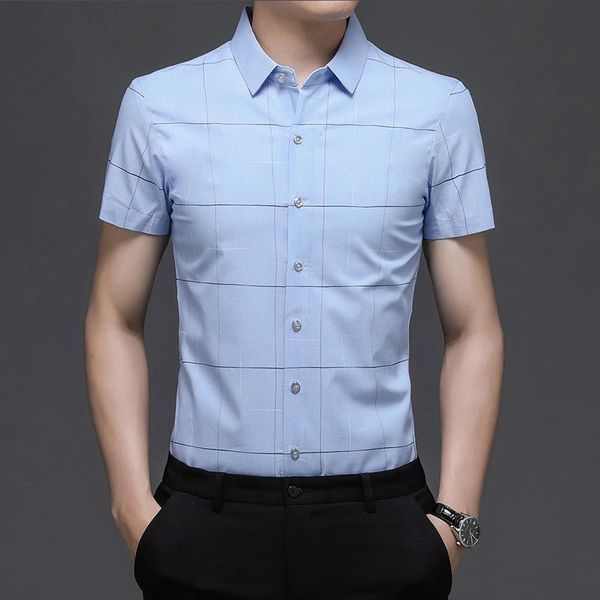 

summer men cardigan plaid shirt youth lapel short sleeve camisa masculina fashion social casual chemise homme male clothes men's shirt, White;black