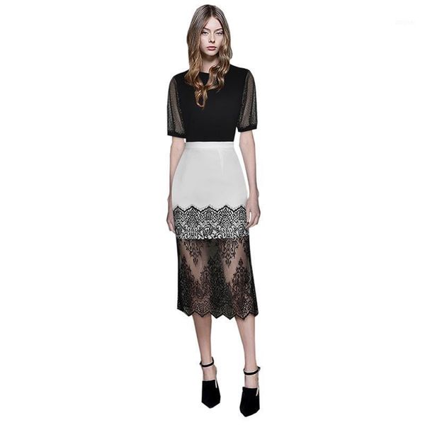 

women clothing 2pcs set outfit gold glitters black mesh ladies blouses + lace patchwork midi skirt tight pencil two piece dress, White